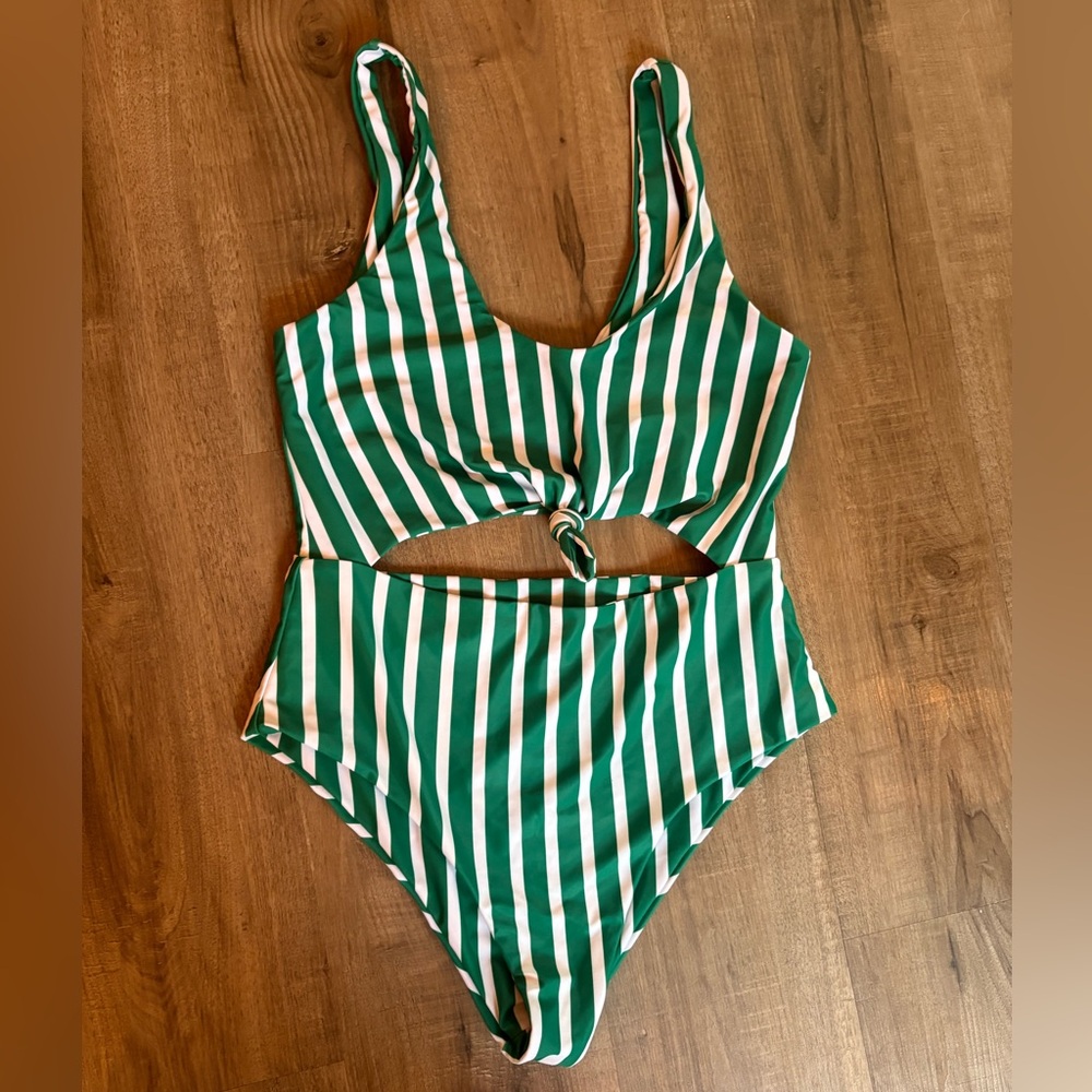 Zaful Green and White Striped One Piece Swim